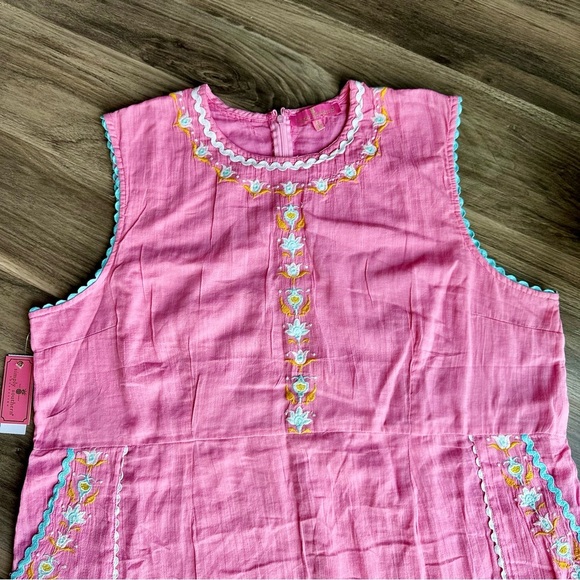 Simply Southern Pink Embroidered Flowers Rickrack Trim Sleeveless Dress Size XL - Picture 3 of 16